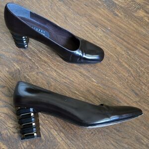 STUART WEITZMAN Sz 8.5 NARROW ESPRESSO BROWN LEATHER Gold Blk Geo HEELS SPAIN